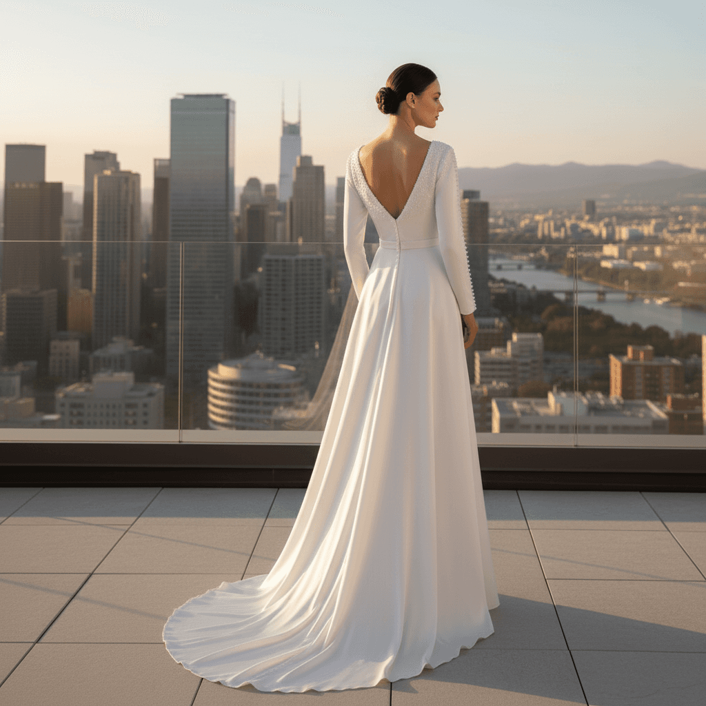 Vue arrière d'une robe de mariée caftan moderne avec traîne élégante