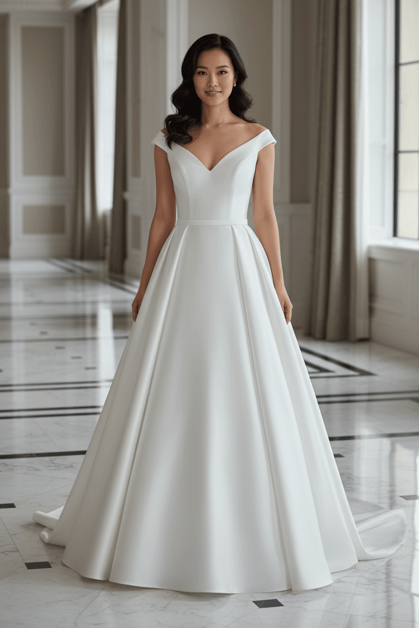 Vue de face d'une robe de mariée chic en satin avec encolure en V