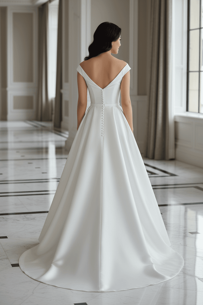 Vue de dos d'une robe de mariée chic en satin avec traîne et boutons