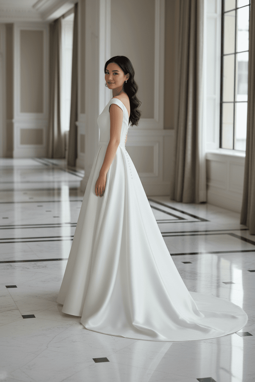 Profil d'une robe de mariée chic en satin fluide et élégante