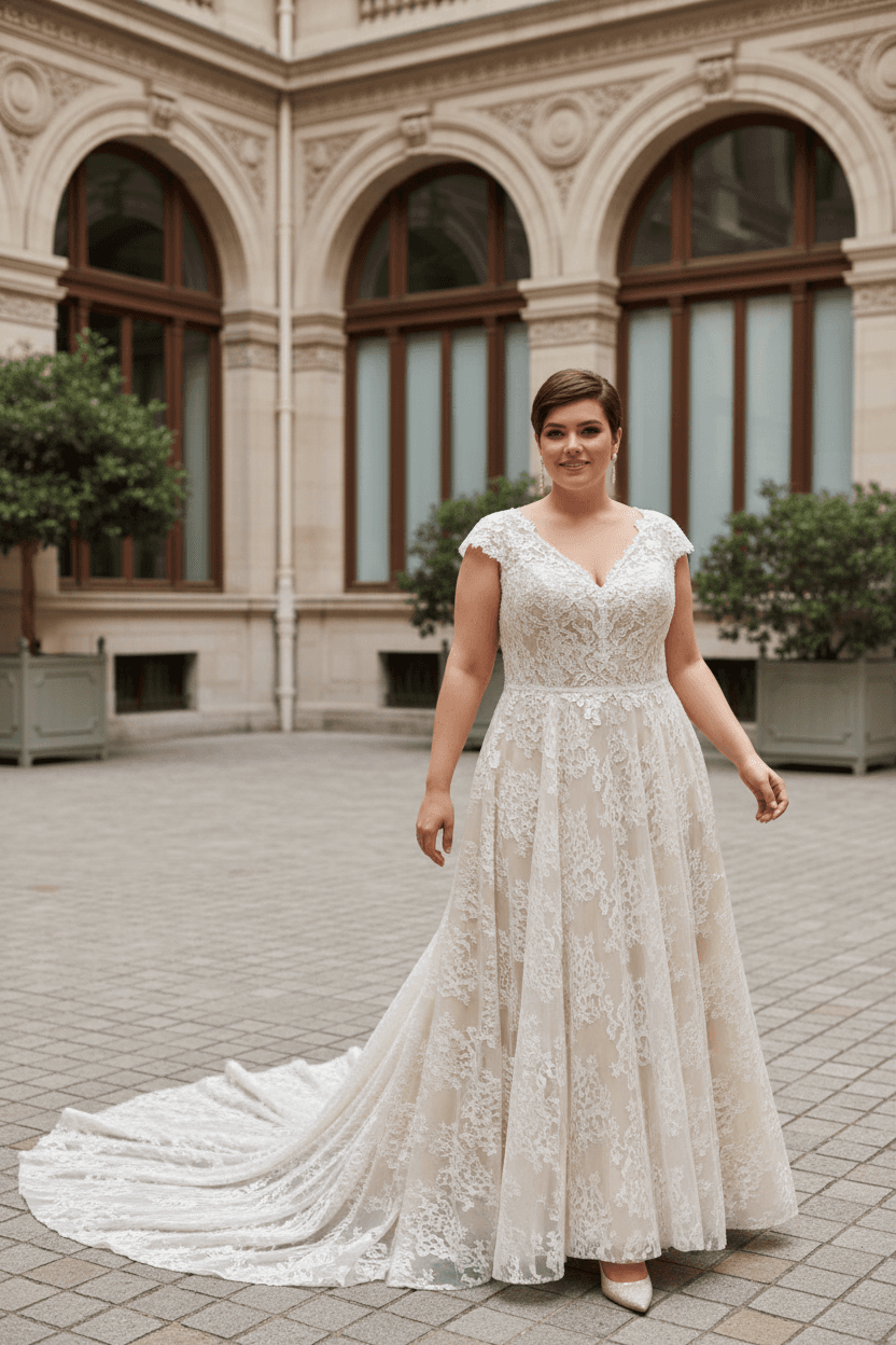Vue de face d'une robe de mariée civil grande taille en dentelle avec traîne