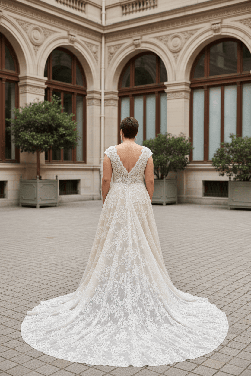 Vue de dos d'une robe de mariée civil grande taille avec décolleté en V et traîne longue