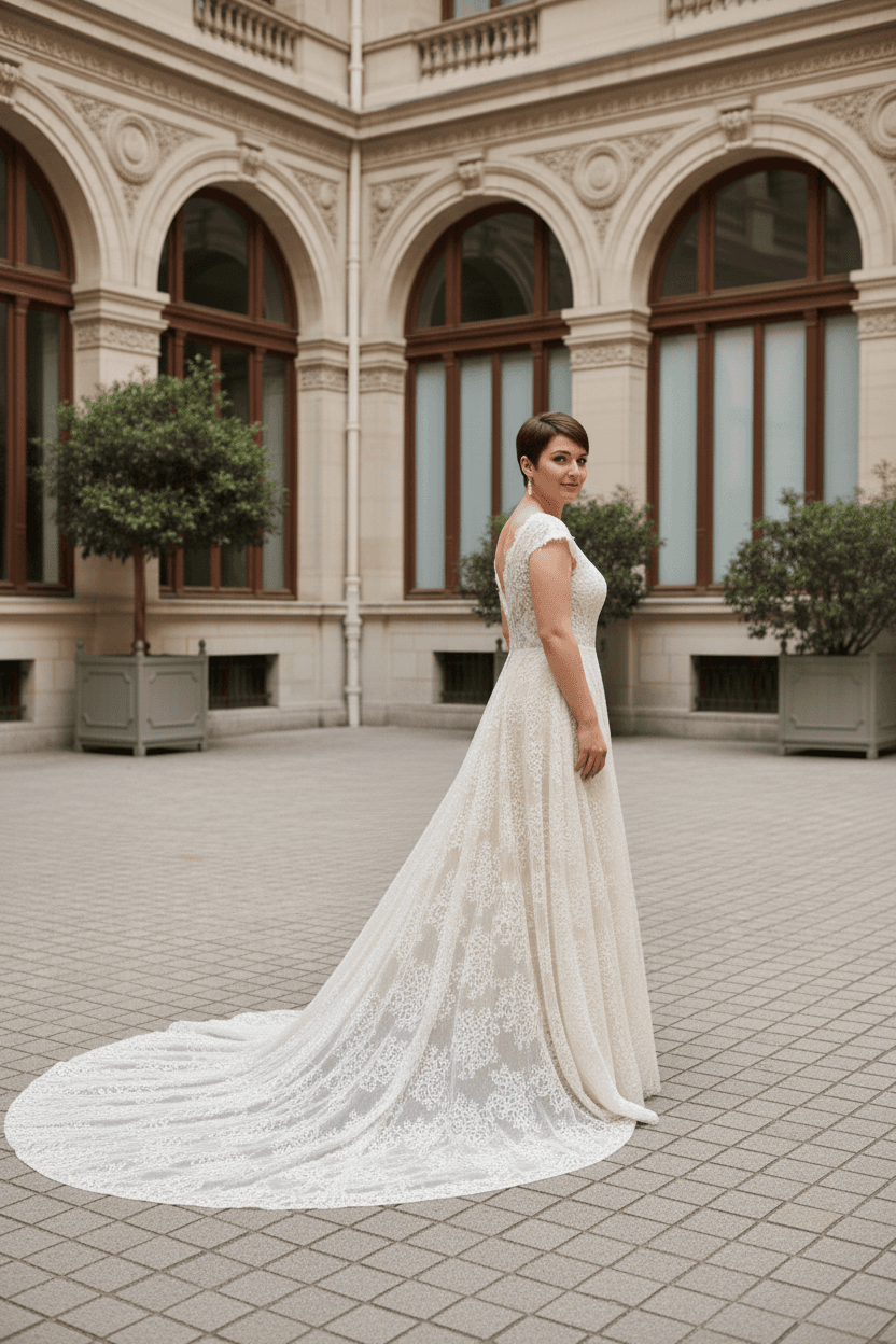 Profil d'une robe de mariée civil grande taille fluide avec dentelle et traîne