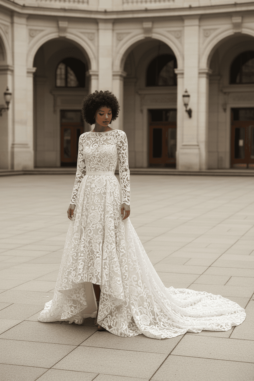 Vue de face d'une robe de mariée civil hiver en dentelle manches longues