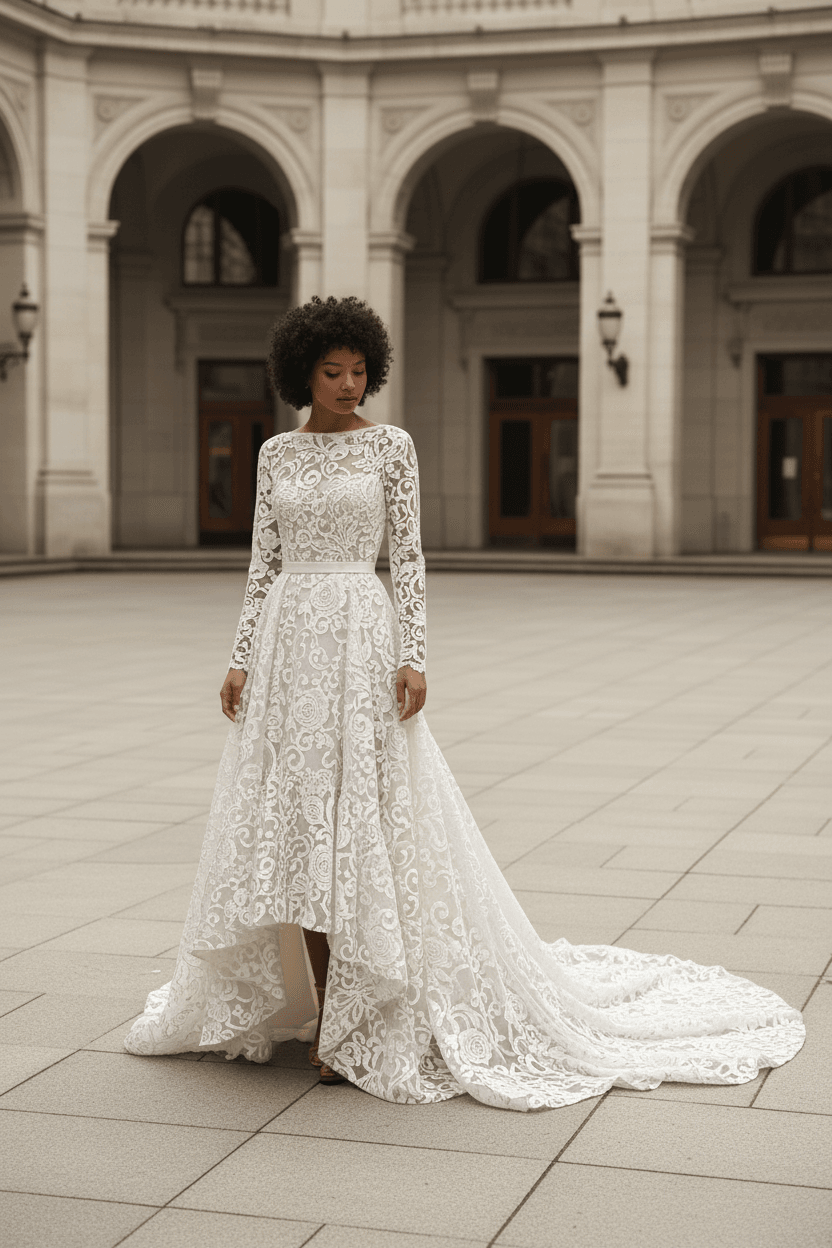 Vue de face d'une robe de mariée civil hiver en dentelle manches longues