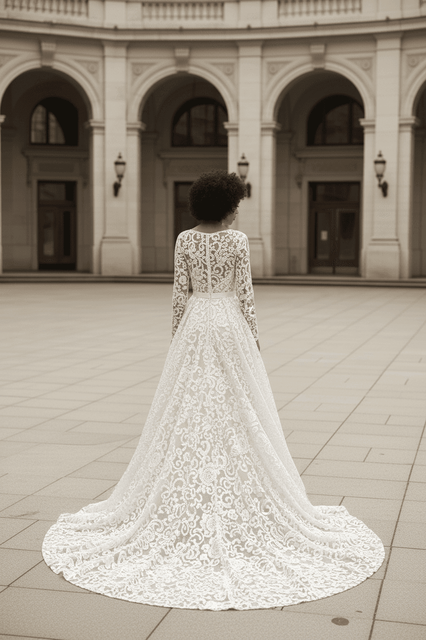 Vue de dos d'une robe de mariée civil hiver avec traîne en dentelle