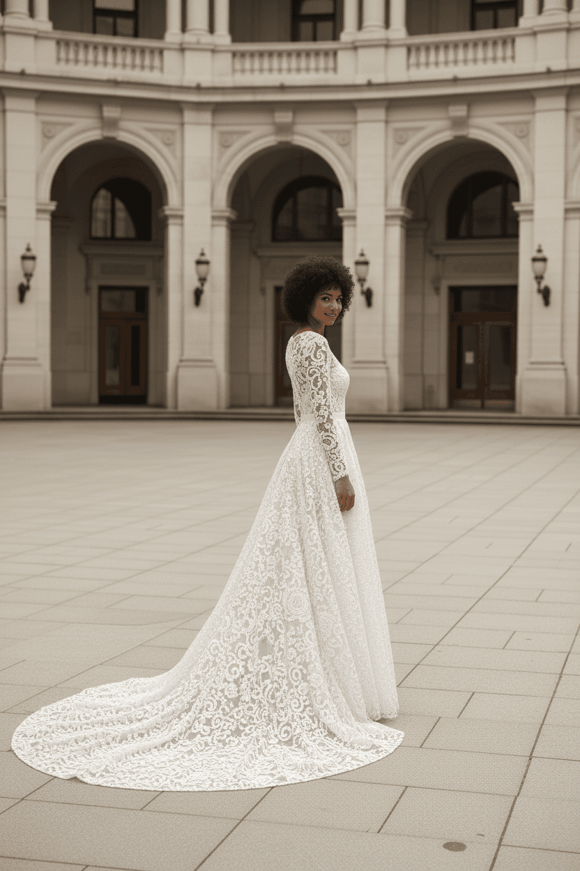 Profil d'une robe de mariée civil hiver élégante et fluide