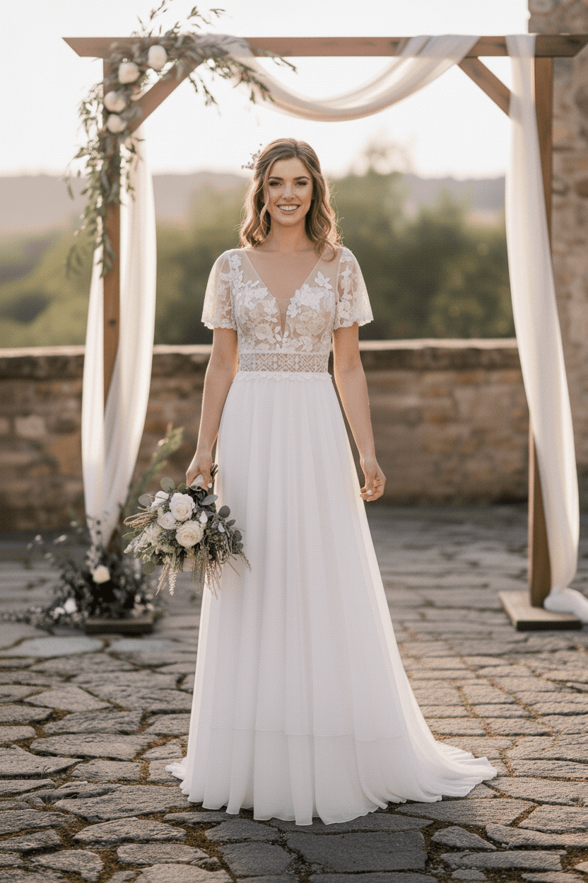Vue de face d'une robe de mariée civile bohème en dentelle et mousseline fluide