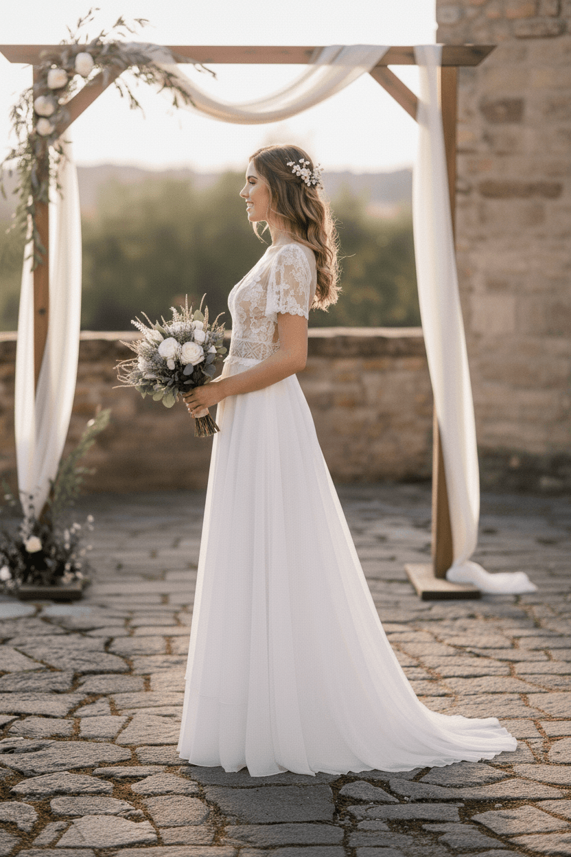 Vue de profil d'une robe de mariée civile bohème avec manches courtes et dos nu