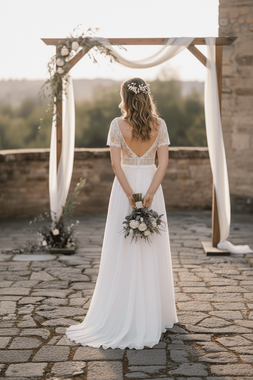 Vue de dos d'une robe de mariée civile bohème romantique et fluide