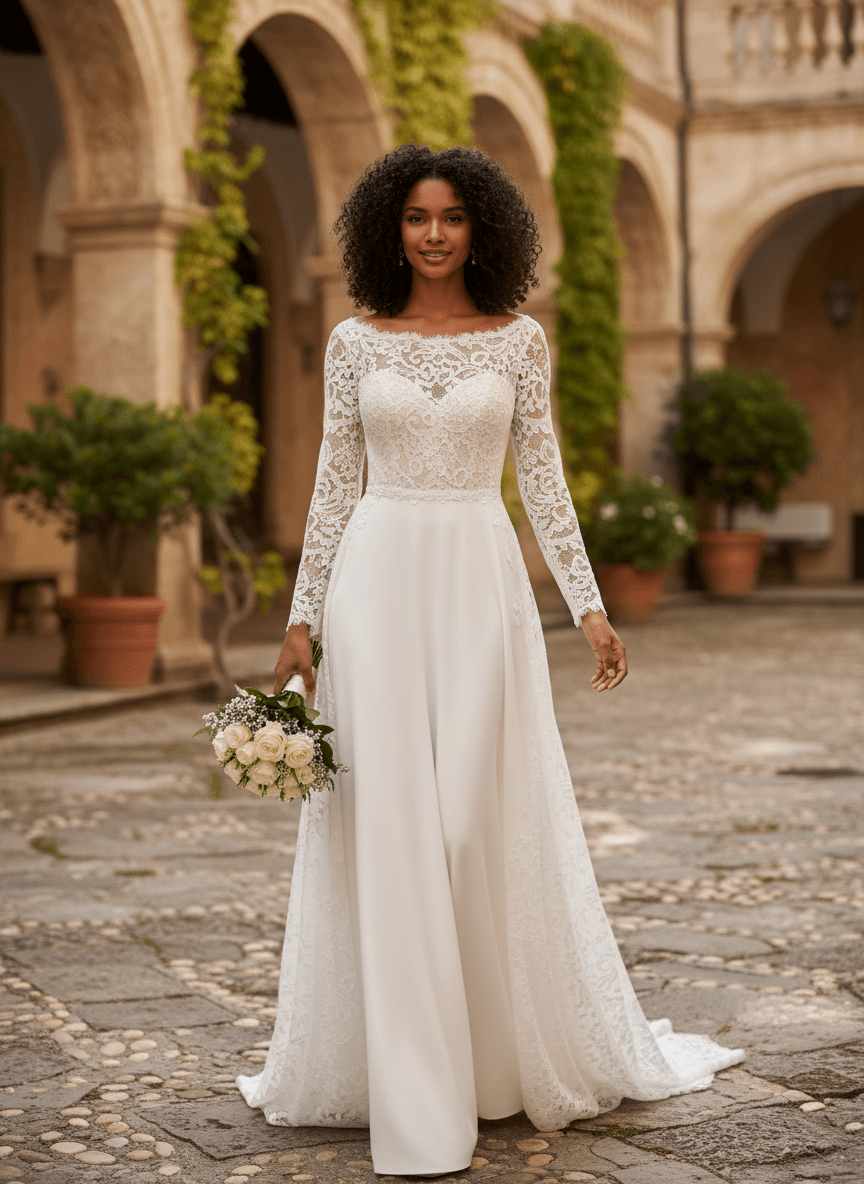 Vue de face d'une robe de mariée col bateau en dentelle avec manches longues