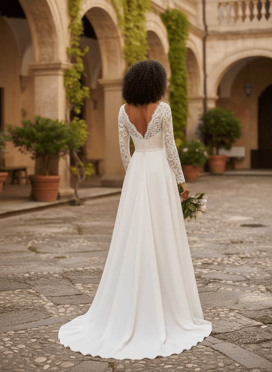 Vue de dos d'une robe de mariée col bateau dentelle avec traîne fluide