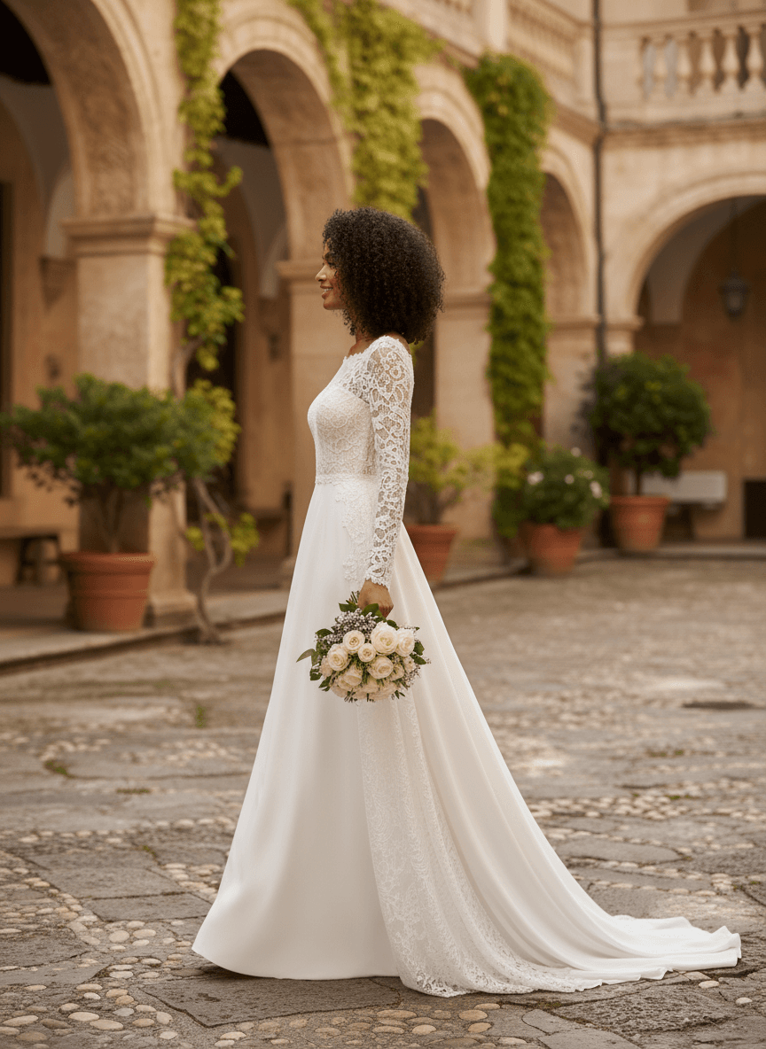 Vue de profil d'une robe de mariée col bateau en dentelle élégante