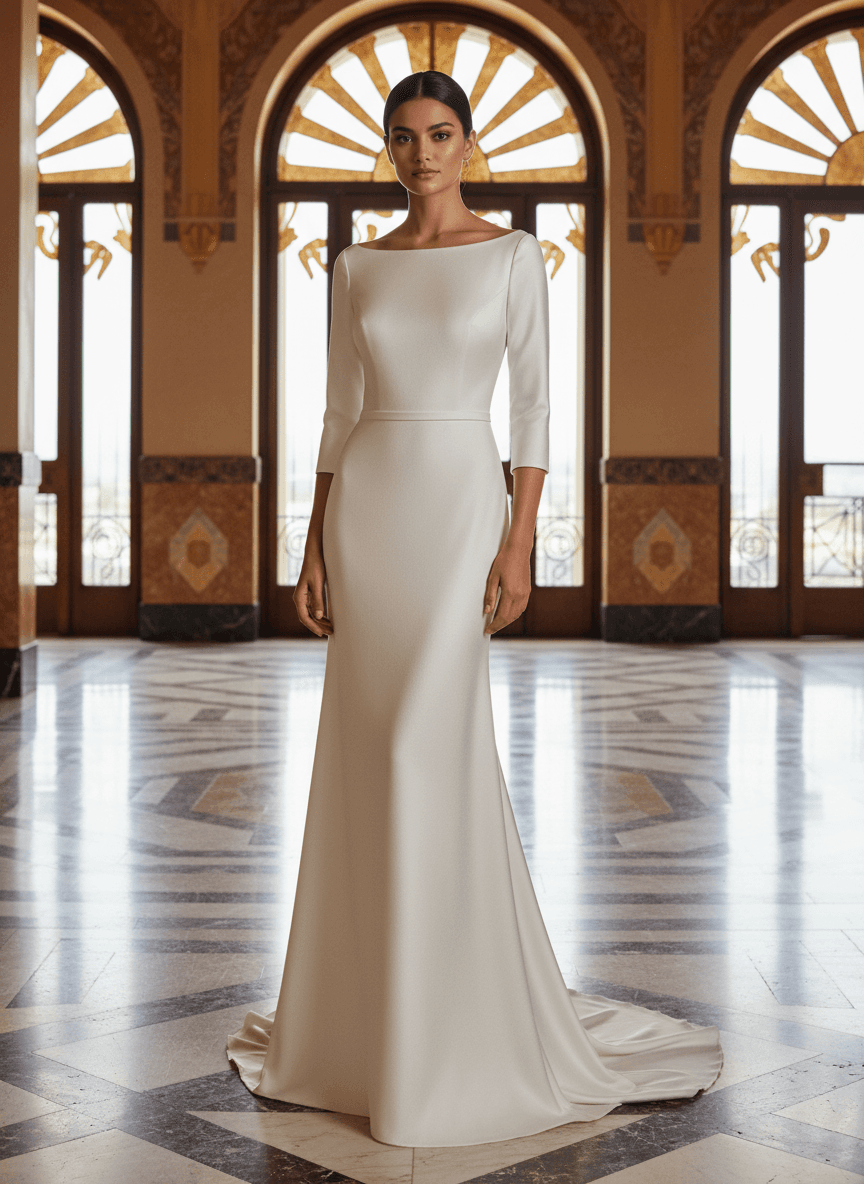 Vue de face d'une robe de mariée col bateau avec manches 3/4 élégantes