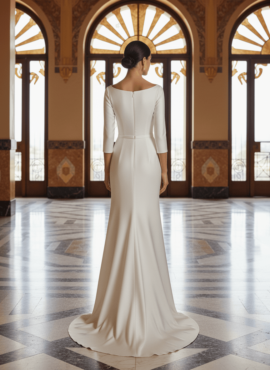 Vue de dos d'une robe de mariée col bateau manches 3/4 avec traîne fluide