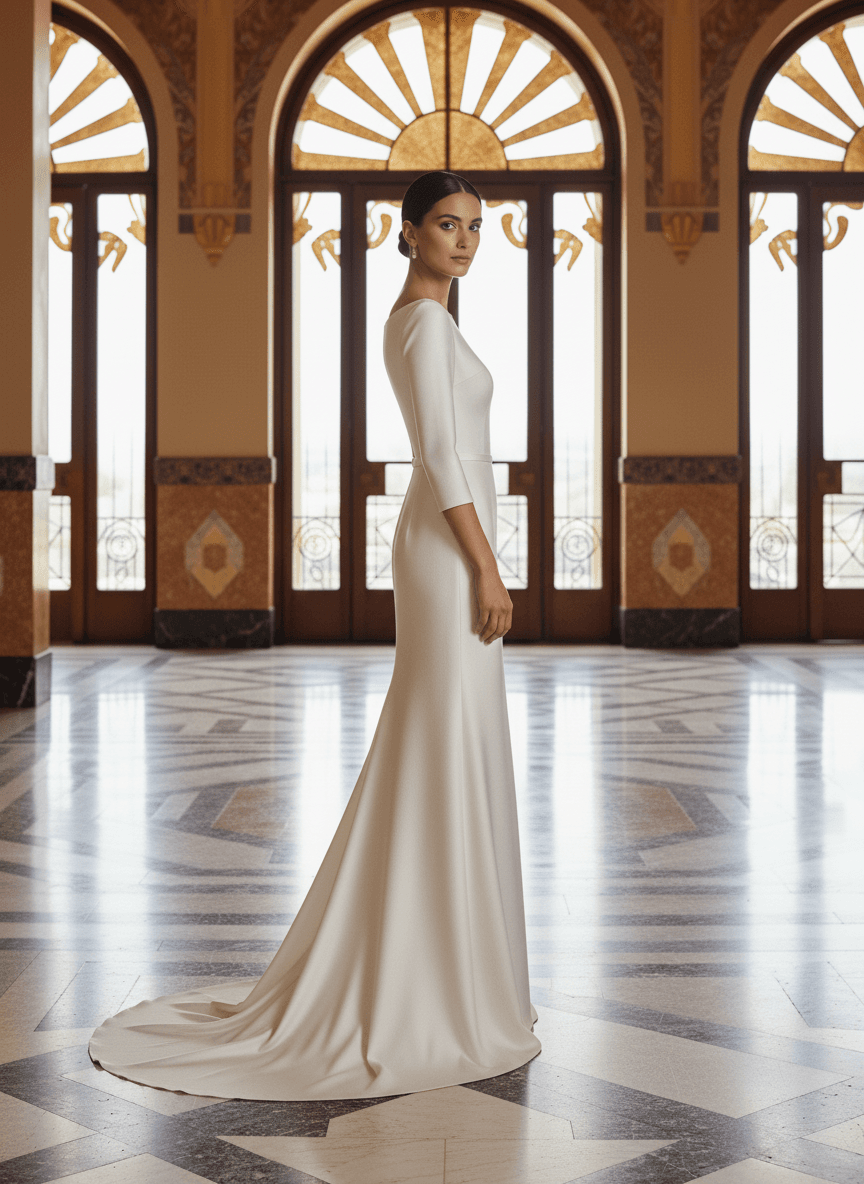 Vue de profil d'une robe de mariée col bateau manches 3/4 raffinée