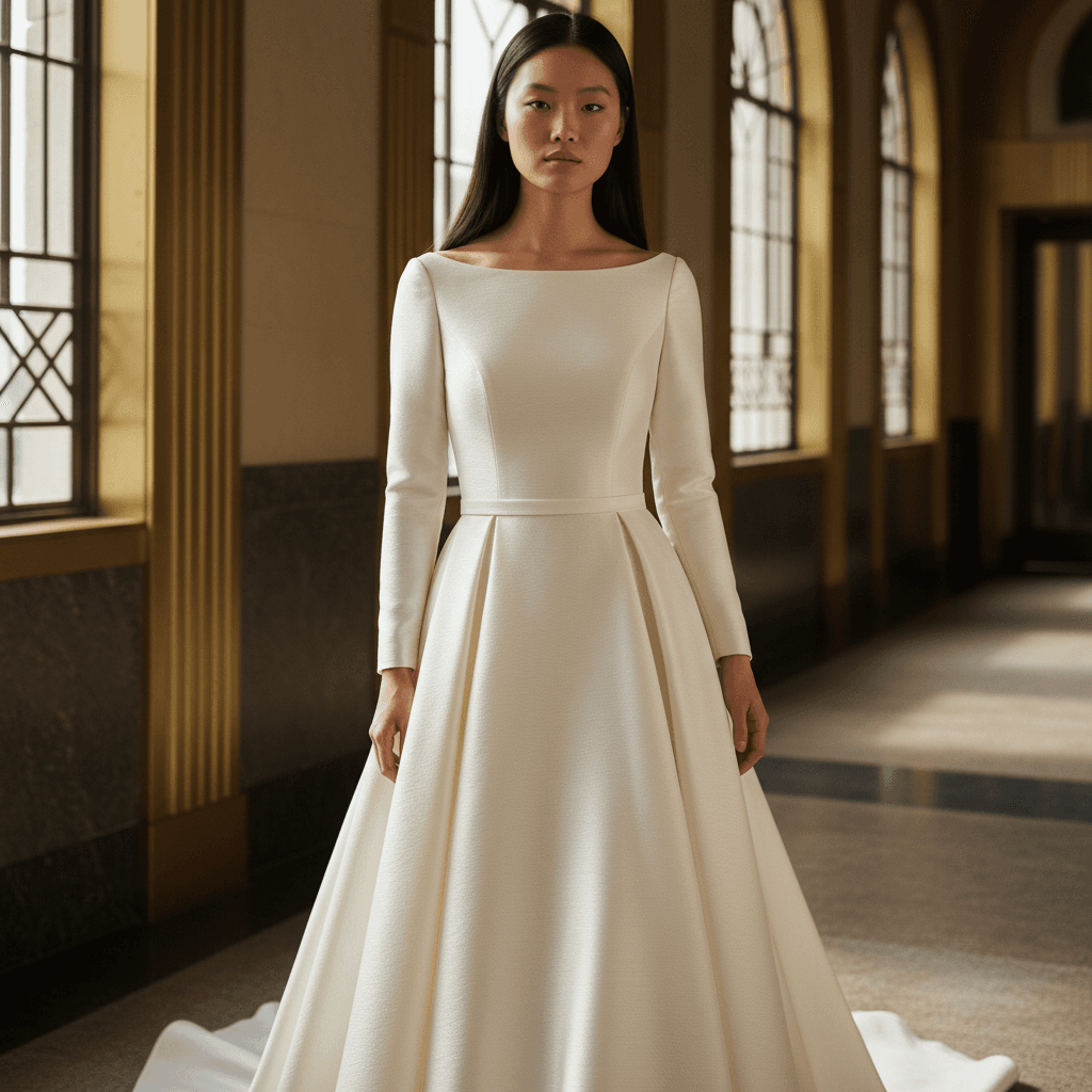 Vue de face d'une robe de mariée col bateau avec manches longues élégantes