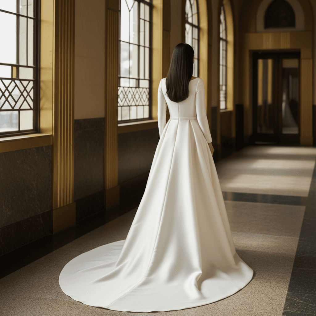 Vue de dos d'une robe de mariée col bateau manches longues avec traîne fluide