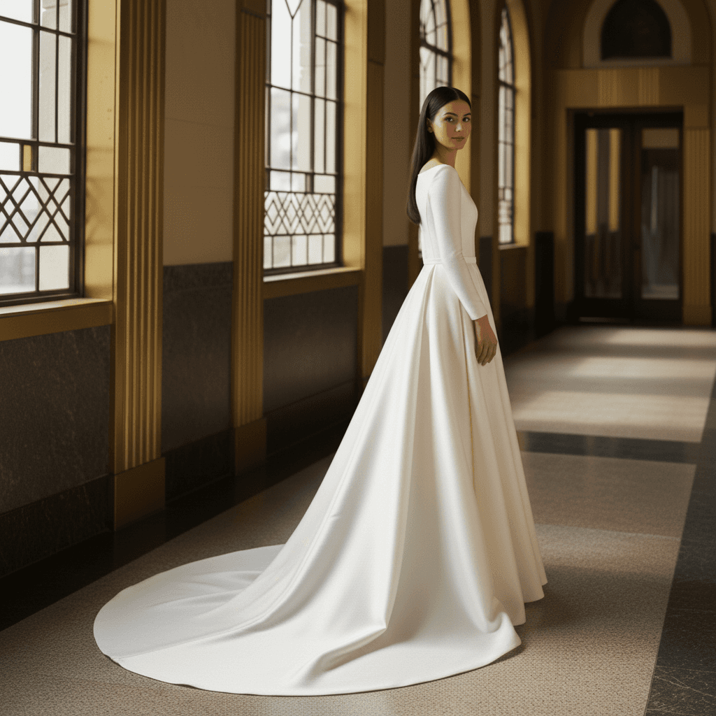 Vue de profil d'une robe de mariée col bateau manches longues raffinée