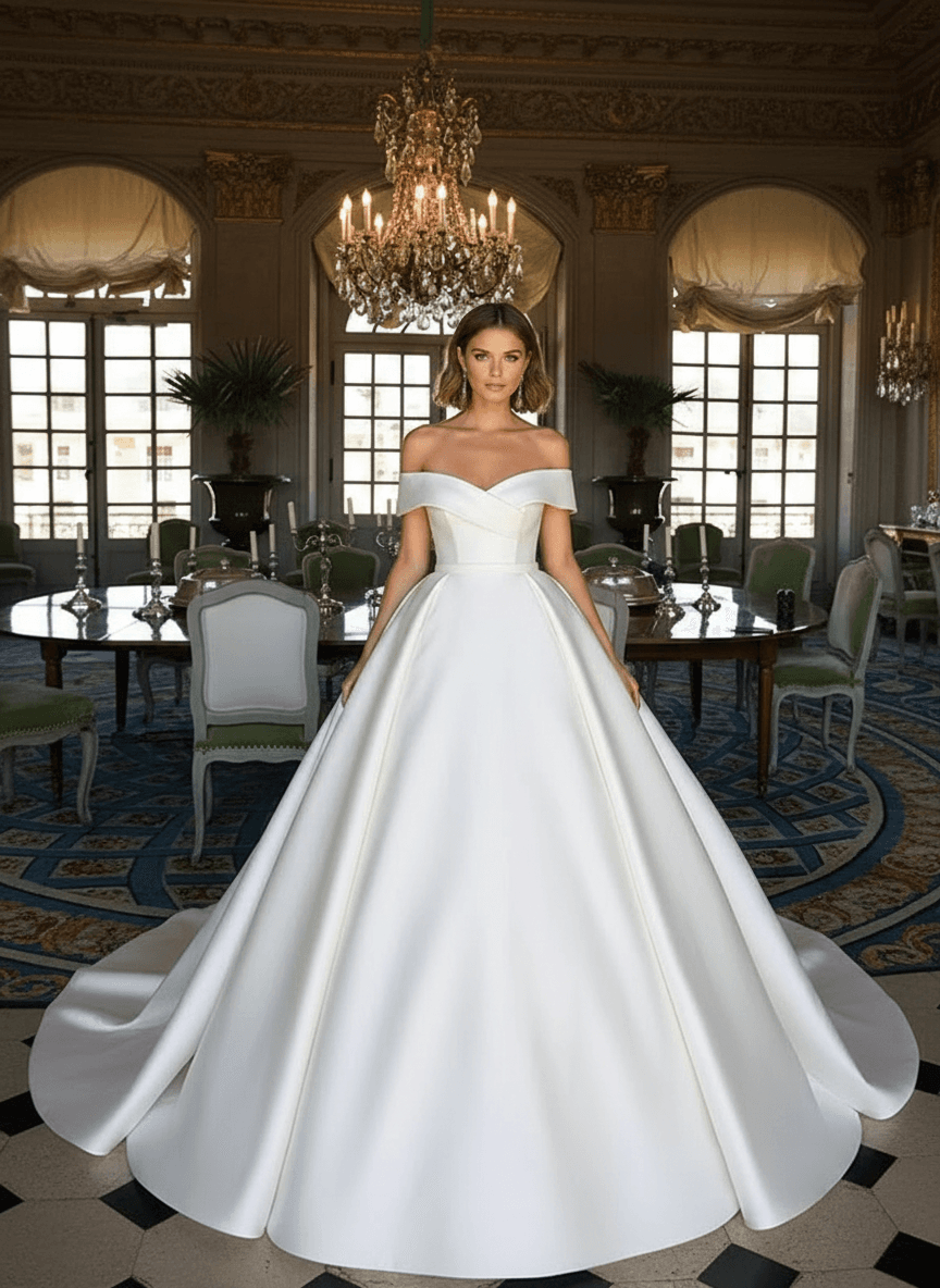 Vue de face d'une robe de mariée princesse avec col bateau élégant