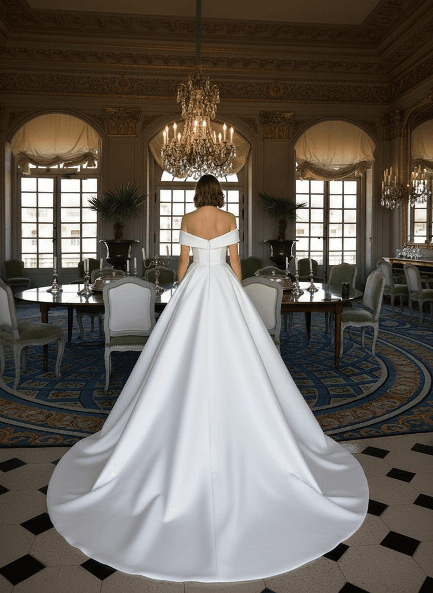 Vue de dos d'une robe de mariée col bateau princesse avec traîne majestueuse
