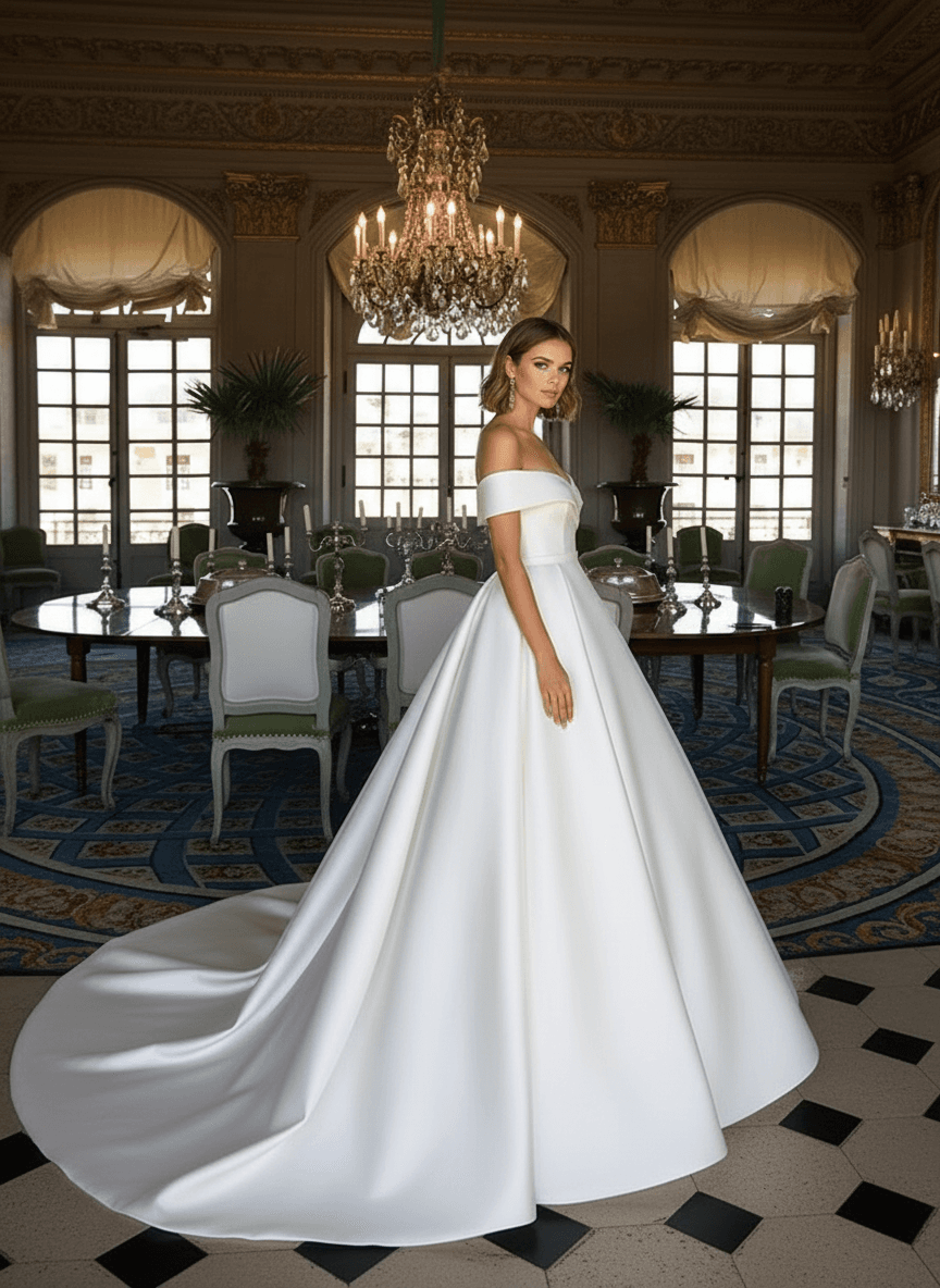 Vue de profil d'une robe de mariée col bateau coupe princesse