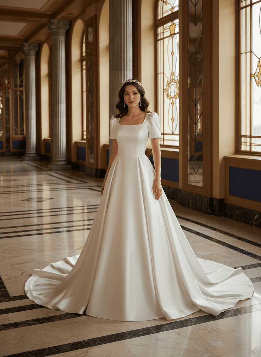 Vue de face d'une robe de mariée col carré à manches courtes élégante