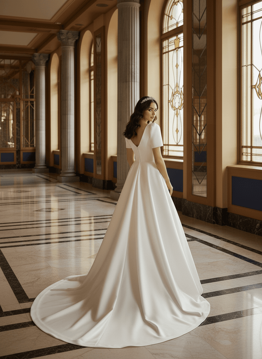 Vue de dos d'une robe de mariée col carré manches courtes avec traîne fluide