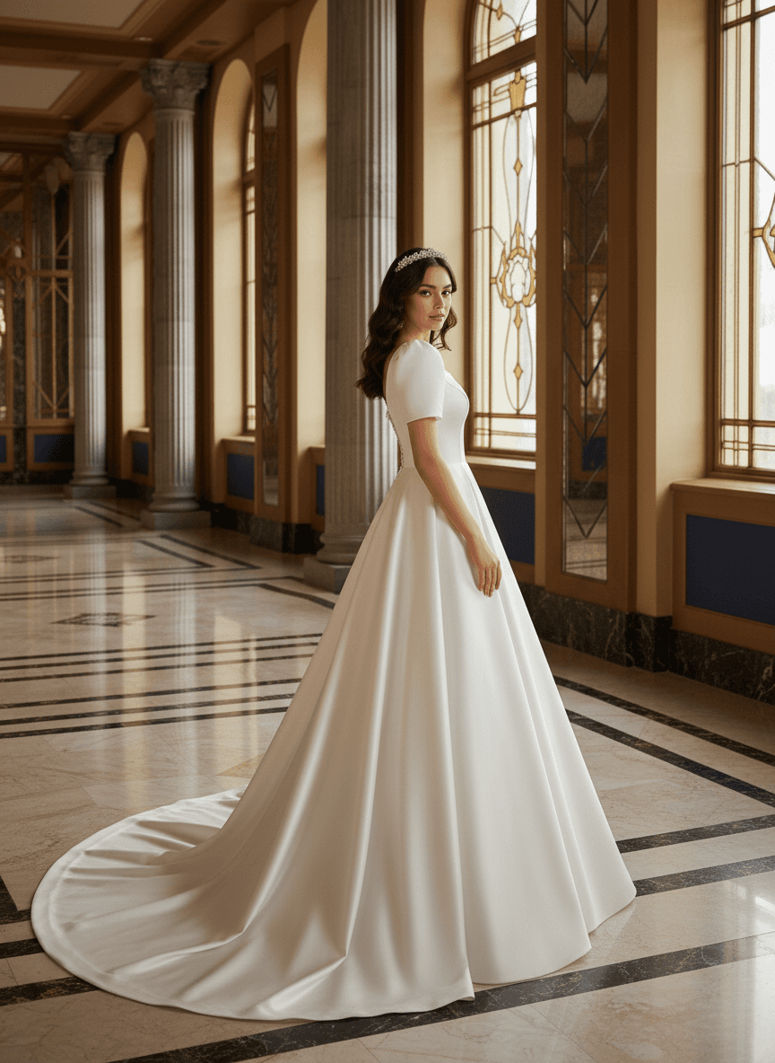 Vue de profil d'une robe de mariée col carré manches courtes sophistiquée