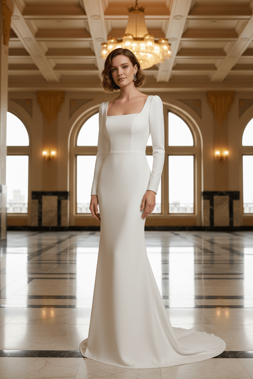 Vue de face d'une robe de mariée col carré manches longues ajustée