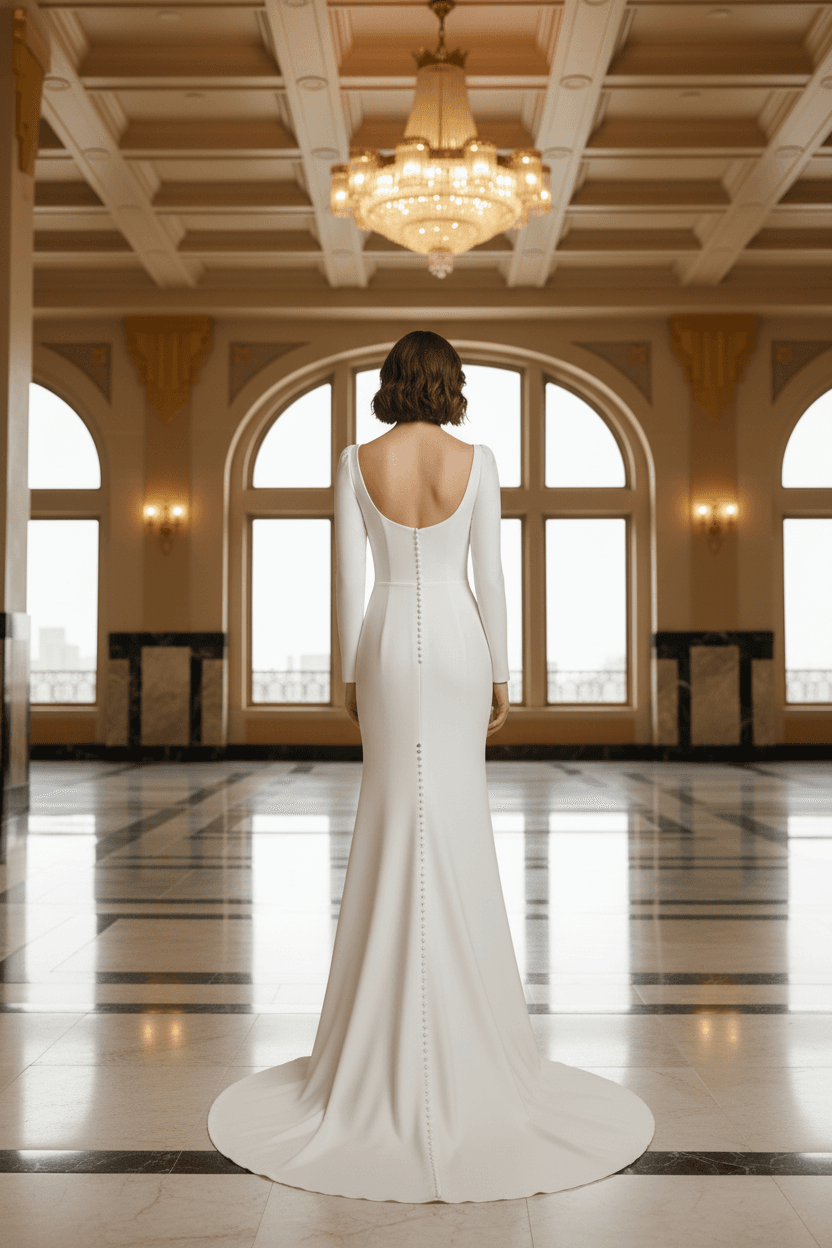 Vue de dos d'une robe de mariée col carré manches longues avec dos ouvert en U