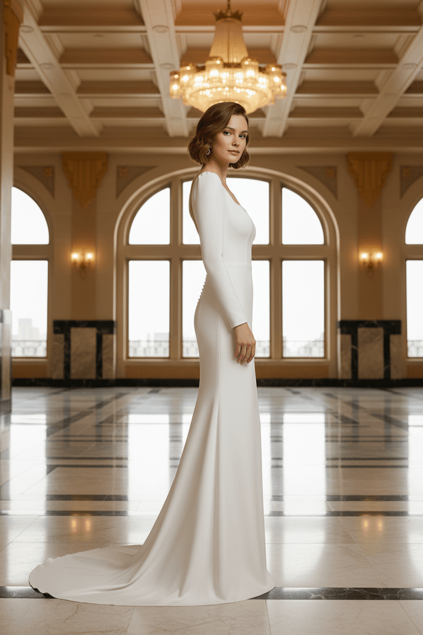 Vue de profil d'une robe de mariée col carré manches longues fluide et élégante