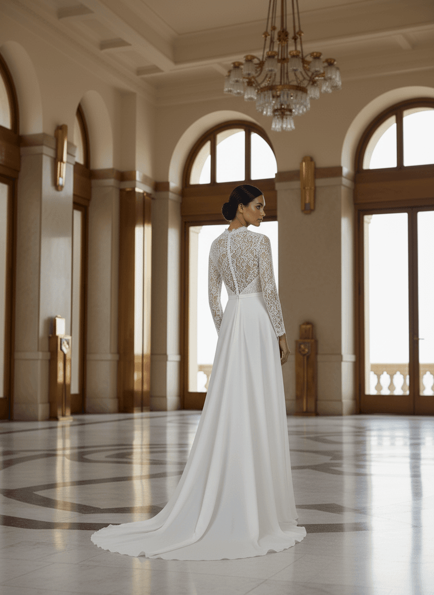 Vue de dos d'une robe de mariée élégante col montant et manches longues