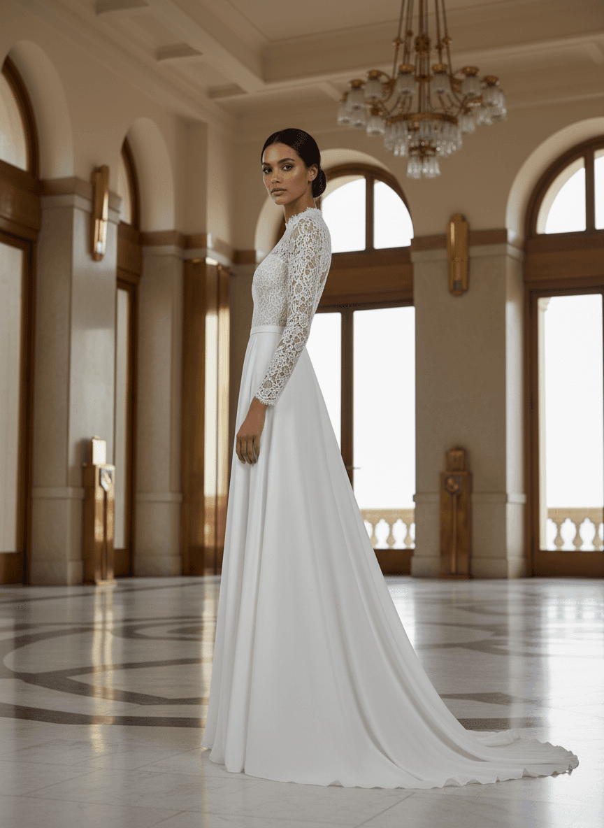 Vue de profil d'une robe de mariée en dentelle col montant manches longues
