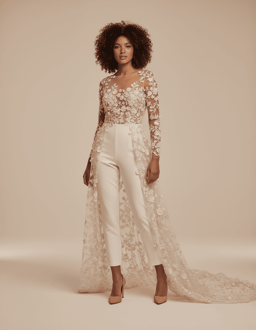 Vue de face d'une combinaison robe de mariée avec pantalon blanc et traîne en dentelle