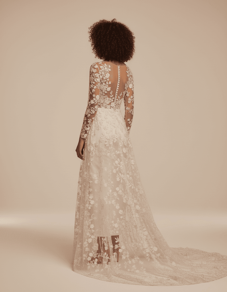 Vue de dos d'une combinaison de mariée avec traîne longue en dentelle