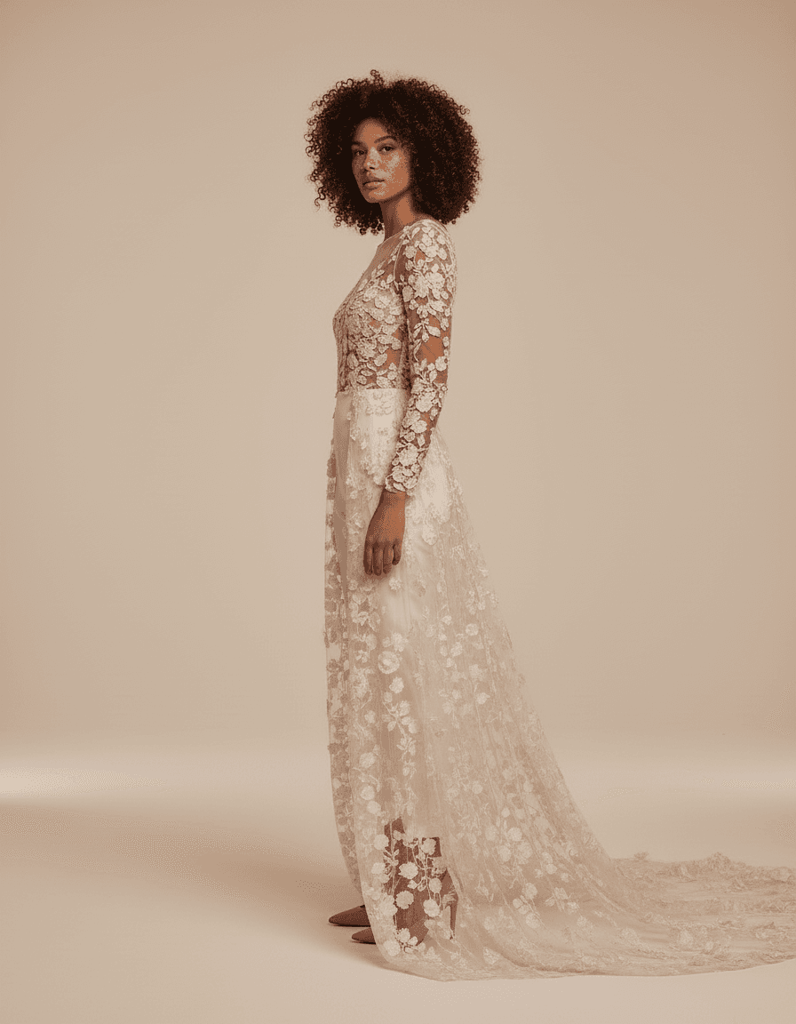 Vue de profil d'une robe de mariée combinaison moderne avec traîne