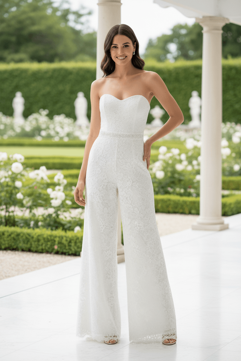 Vue de face d'une combinaison de mariée bustier en dentelle blanche