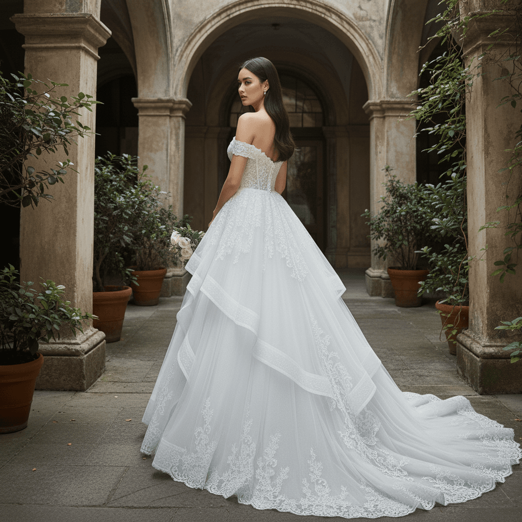 Vue de dos d'une robe corset en dentelle avec traîne longue