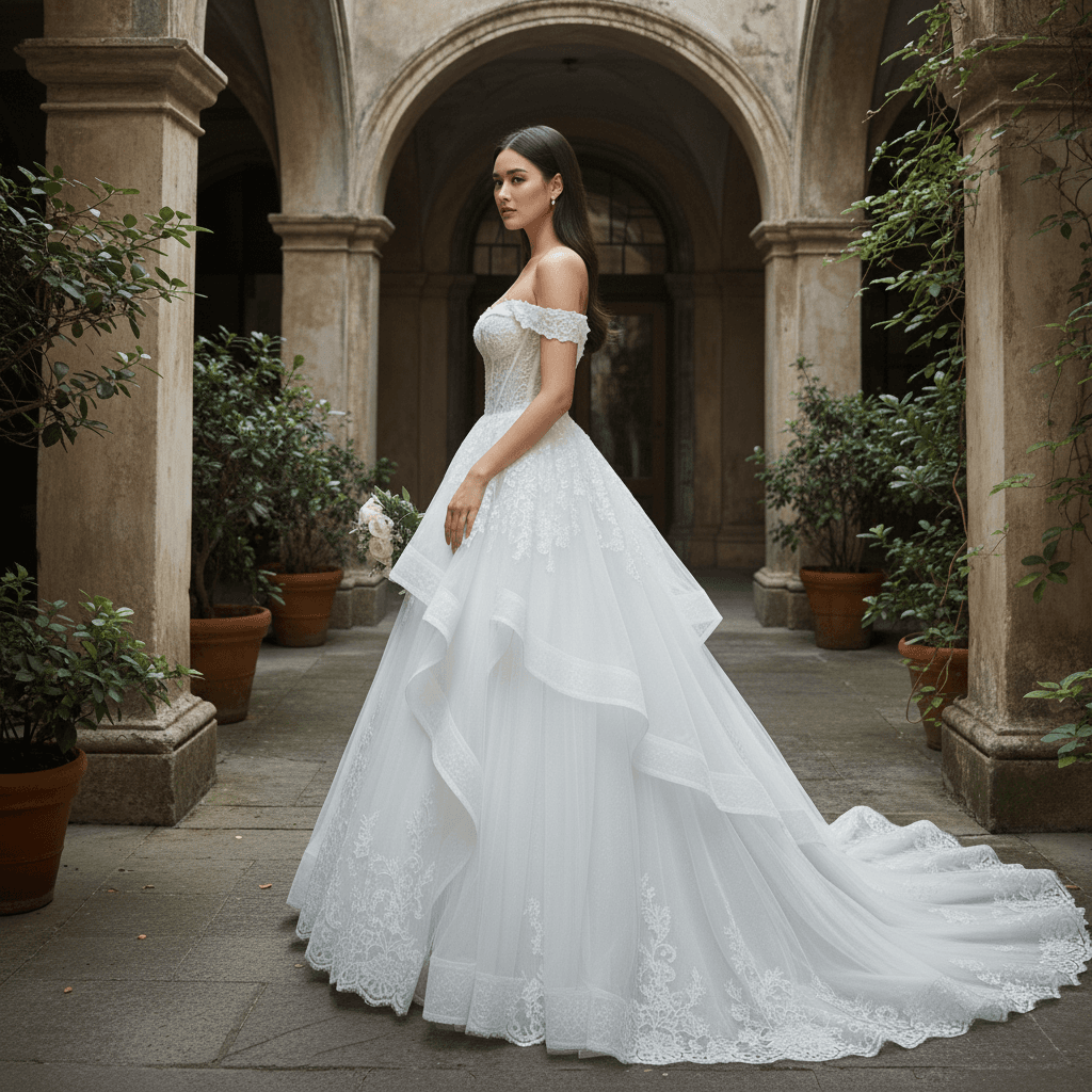 Profil d'une robe corset dentelle élégante et volumineuse