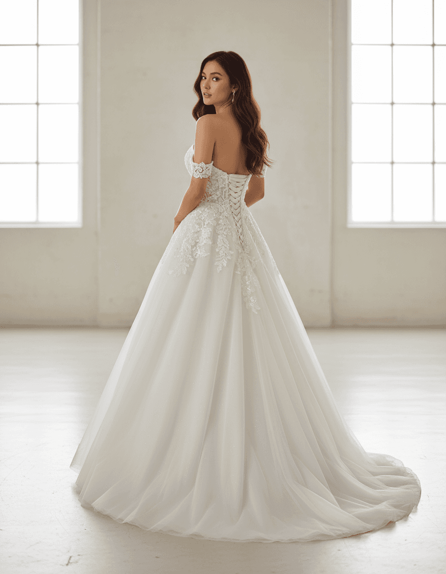 Vue de dos d'une robe corset lacet avec traîne élégante