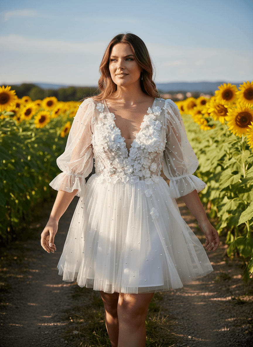 Mariée en robe courte bohème avec décolleté en V et manches bouffantes