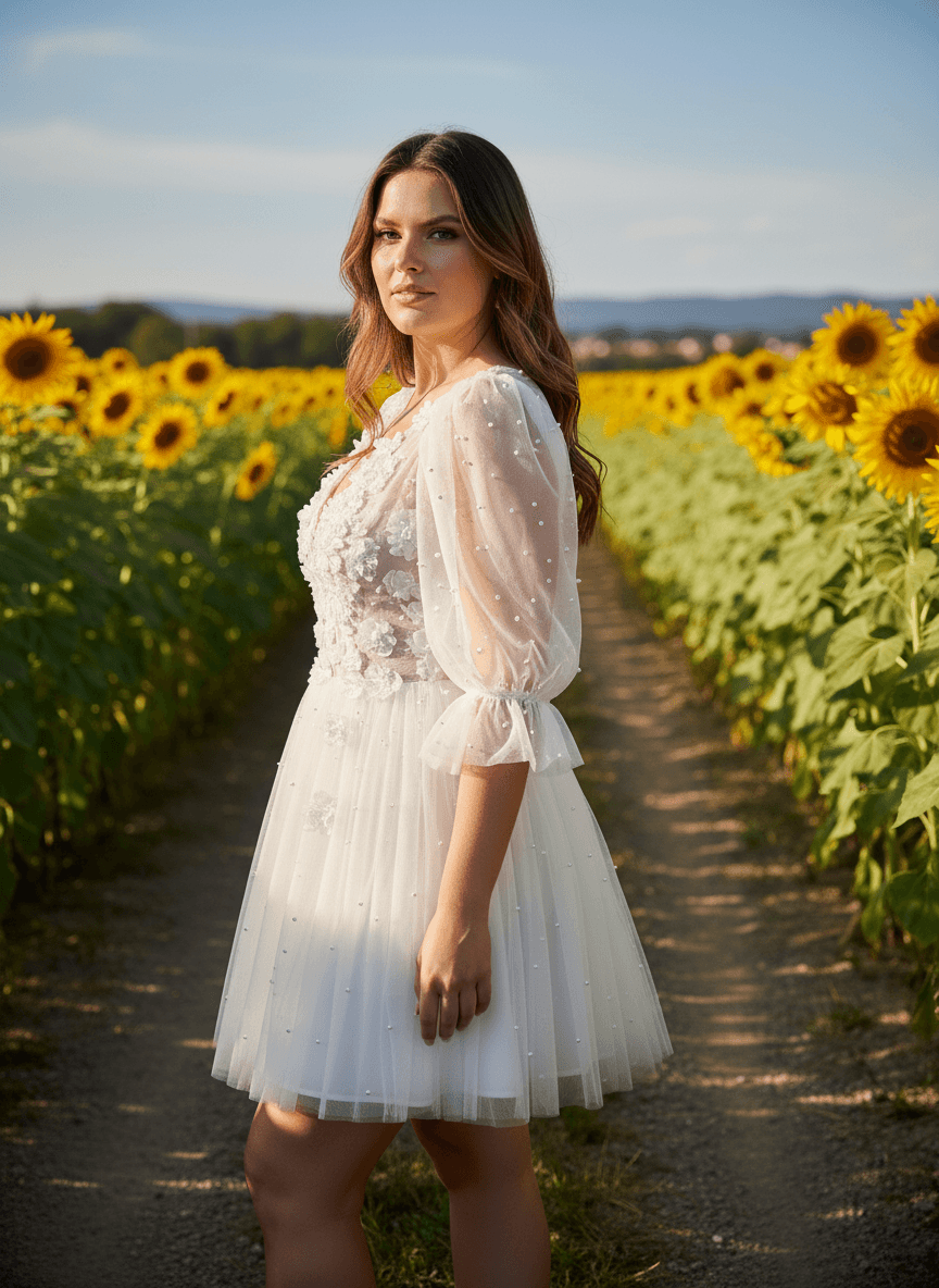 Profil d'une robe de mariée courte bohème chic en tulle fluide