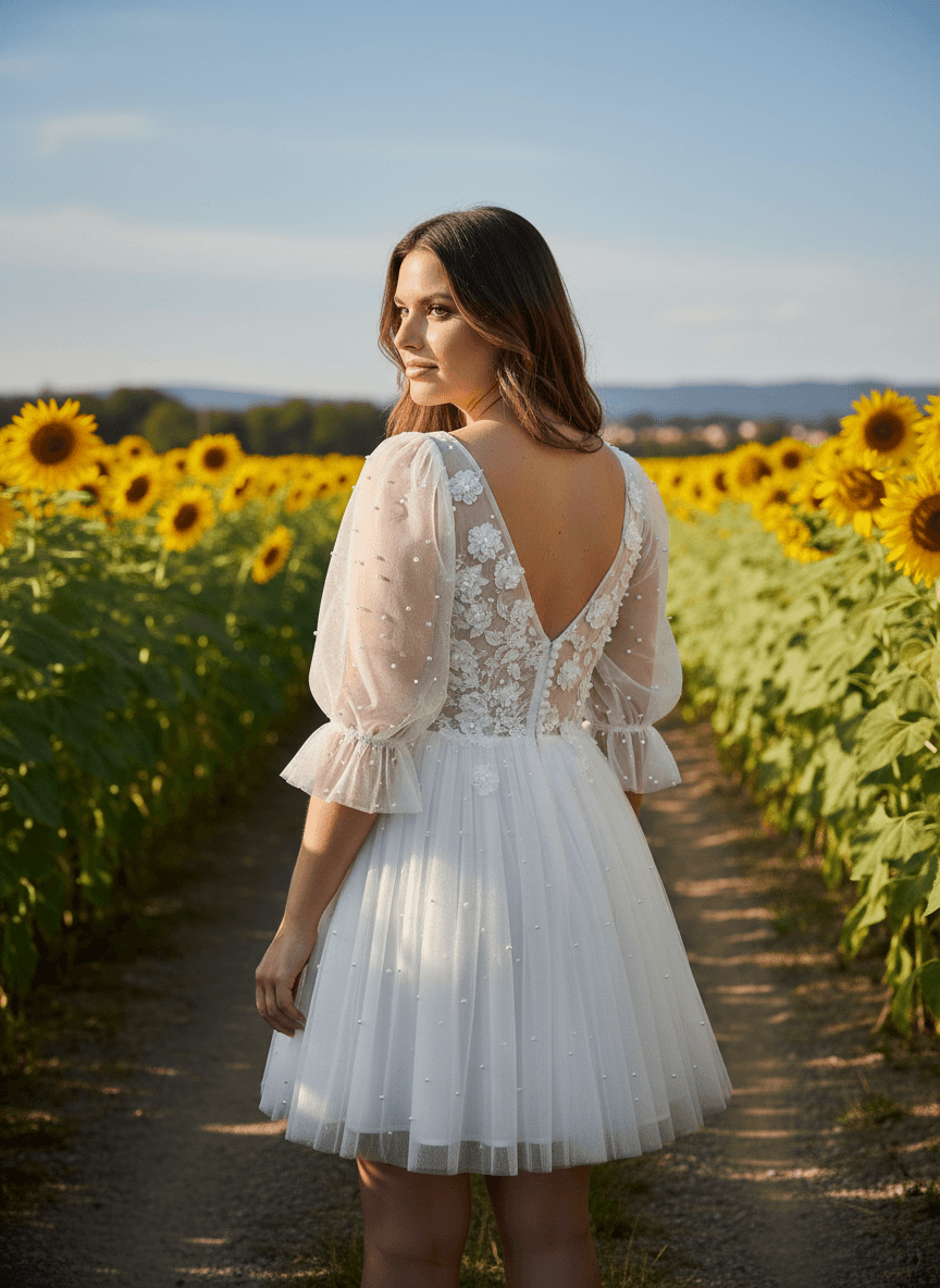 Vue de dos d'une robe bohème courte avec dos nu en V et manches transparentes