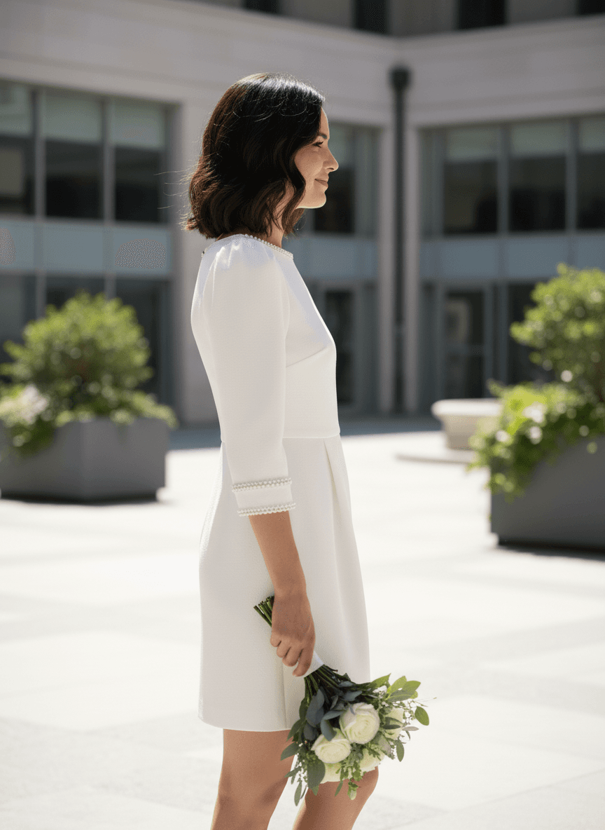 Vue de profil d'une robe de mariée civile courte avec manches bouffantes perlées