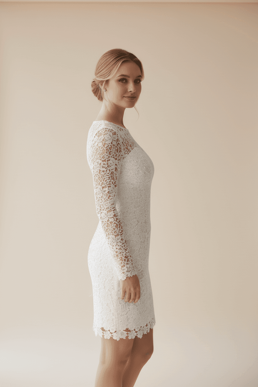 Profil d'une robe de mariée courte en dentelle