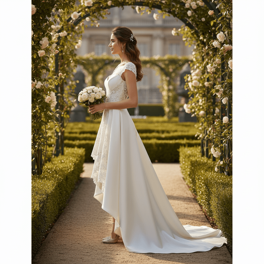 Vue de profil d'une robe de mariée asymétrique courte devant longue traîne