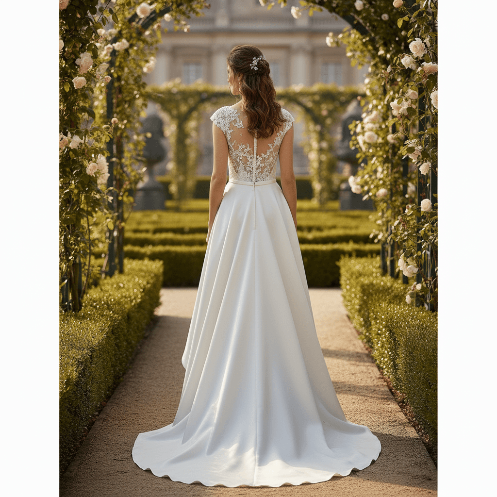 Vue de dos d'une robe de mariée courte devant avec dos en dentelle et traîne fluide