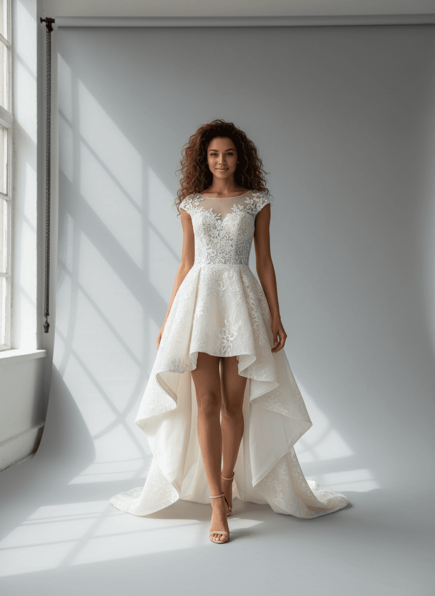 Vue de face robe de mariée courte devant et longue derrière dentelle