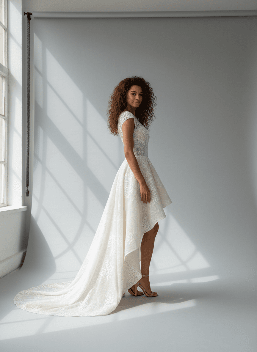 Vue de profil robe de mariée courte devant traîne longue